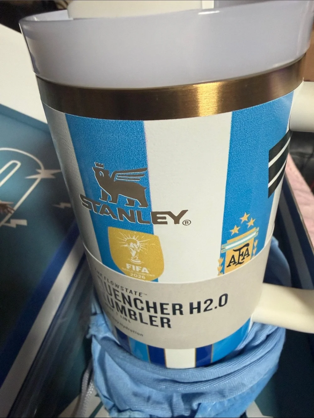 Stanley Blue and White Insulated Travel Mug with Gold Accent - Picture 3 of 3